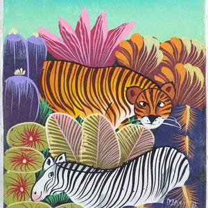 Beautiful Haitian Folk Art Oil Painting Colorful Landscape with Animals, Signed