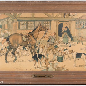 Beautiful Antique Lithograph Dogs and Horses English Scene After a Good Day