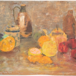 May include: An oil painting of a still life featuring a variety of fruits and ceramic vessels. The composition includes oranges, apples, and grapes, alongside a pitcher and a jar with a lid. The color palette is dominated by warm tones.