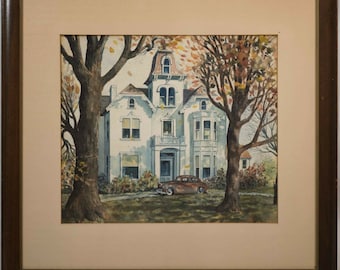 Wonderful Vintage / Antique Watercolor Painting of Old House & Car Signed, FINE!