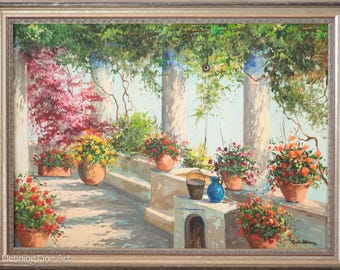 Beautiful Impressionist Oil Painting of Colorful Mediterranean Flower Garden