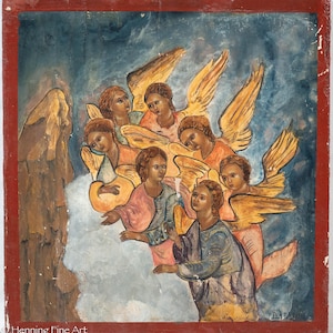 May include: An antique painting depicting several angels with golden wings against a blue background. The angels are dressed in robes of various colors, including pink, orange, and blue. The artwork is framed with a red border and has a distressed appearance.