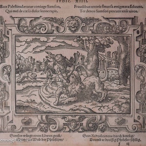 Beautiful Antique Renaissance Wood Cut by Virgil Solis, "Samson Killing Lion"!