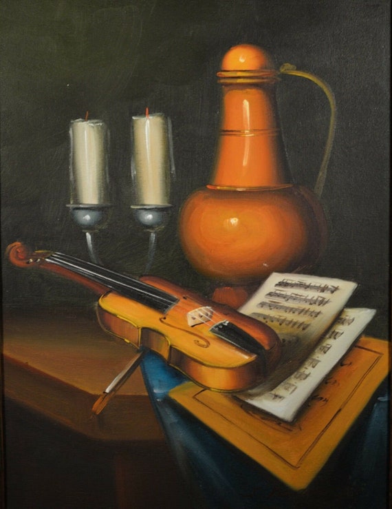 Original J. Remstedt Still Life Oil Painting of Violin, Candles