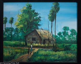 Beautiful Vintage Eastern Asian Landscape Oil Painting Illegibly Signed Vietnam?