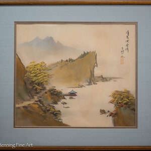 Beautiful Vintage Chinese Silk Painting of River Valley Landscape Signed 1/2