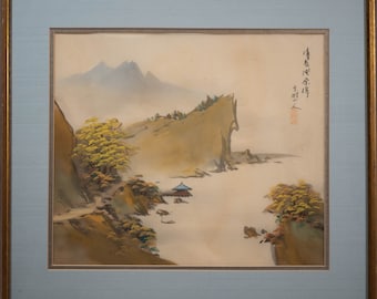 Beautiful Vintage Chinese Silk Painting of River Valley Landscape Signed 1/2