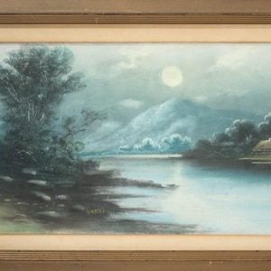 Beautiful Antique Moonlit River Valley Landscape Painting River and Mountains