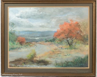 Vintage New Mexico Landscape Painting Illegibly Signed Red Tree and Mountains