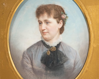 Outstanding Antique Female Portrait Pastel on Canvas, 19th Century FINE!