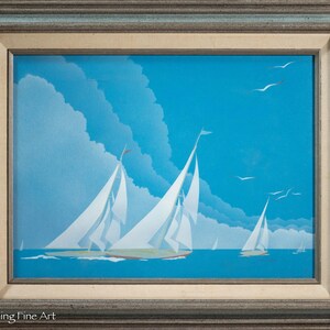 Beautiful Vintage Sailboats Against Blue Sky Silk Screen Print on Canvas, Signed