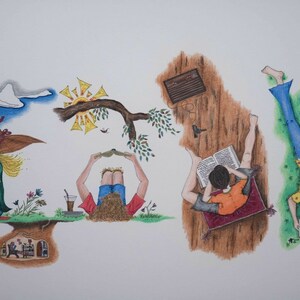 Puede incluir: Una ilustraci&oacute;n colorida de cinco personas leyendo libros en diferentes entornos. La primera persona lleva un sombrero y lee un libro titulado "El Jard&iacute;n Secreto". La segunda persona est&aacute; tumbada de espaldas leyendo un libro bajo un &aacute;rbol. La tercera persona est&aacute; sentada en un suelo de madera leyendo un libro. La cuarta persona est&aacute; tumbada boca abajo leyendo un libro sobre una superficie verde de hierba. La quinta persona flota en el cielo leyendo un libro.