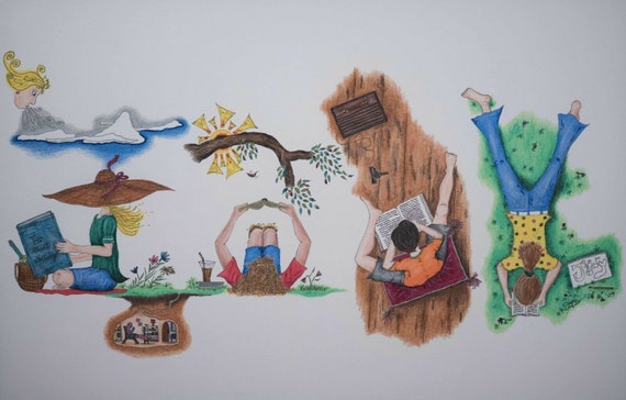 Original Ink Drawing Illustration, Children Reading, Beautiful & Well Done, NICE