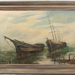 Beautiful Mid Century Oil Painting of Old Boats by Helen Haddad Vintage Folksy