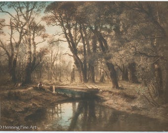 Antique Lithograph of Romantic Wooded Landscape w/ Figure by Stream