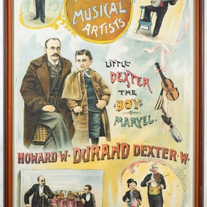 May include: Antique framed poster advertising "The Premier Musical Artists," featuring illustrations of musicians and the text "Little Dexter The Boy Marvel." The poster has a brown wooden frame.