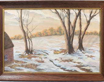 Fine Vintage Pastel Snowy Country Landscape at Sunset by N. Beaulieu 24x34"