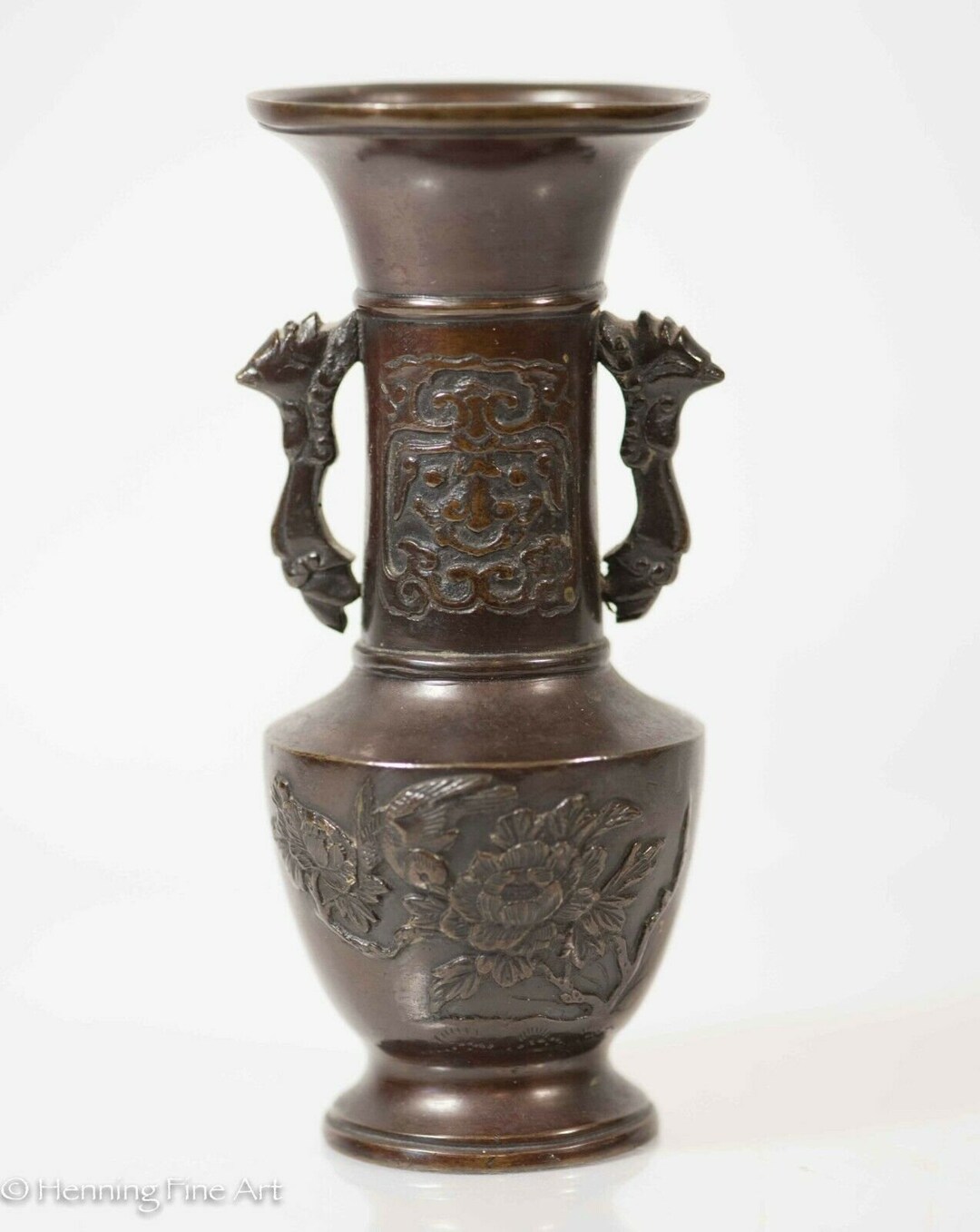 Beautiful Antique Chinese Bronze Vase With Floral & Bird