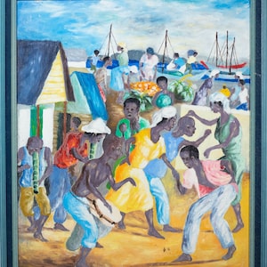 Stunning Vintage Impressionist Haitian Oil Painting of Dancing People, Signed 1
