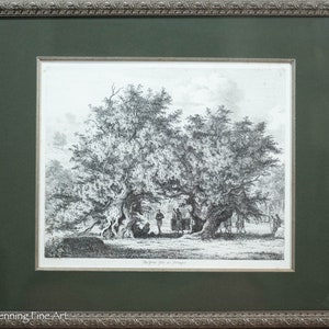 May include: A black and white engraving of a large tree with people standing under it. The engraving is titled "The Great Yew Tree at Fountains".