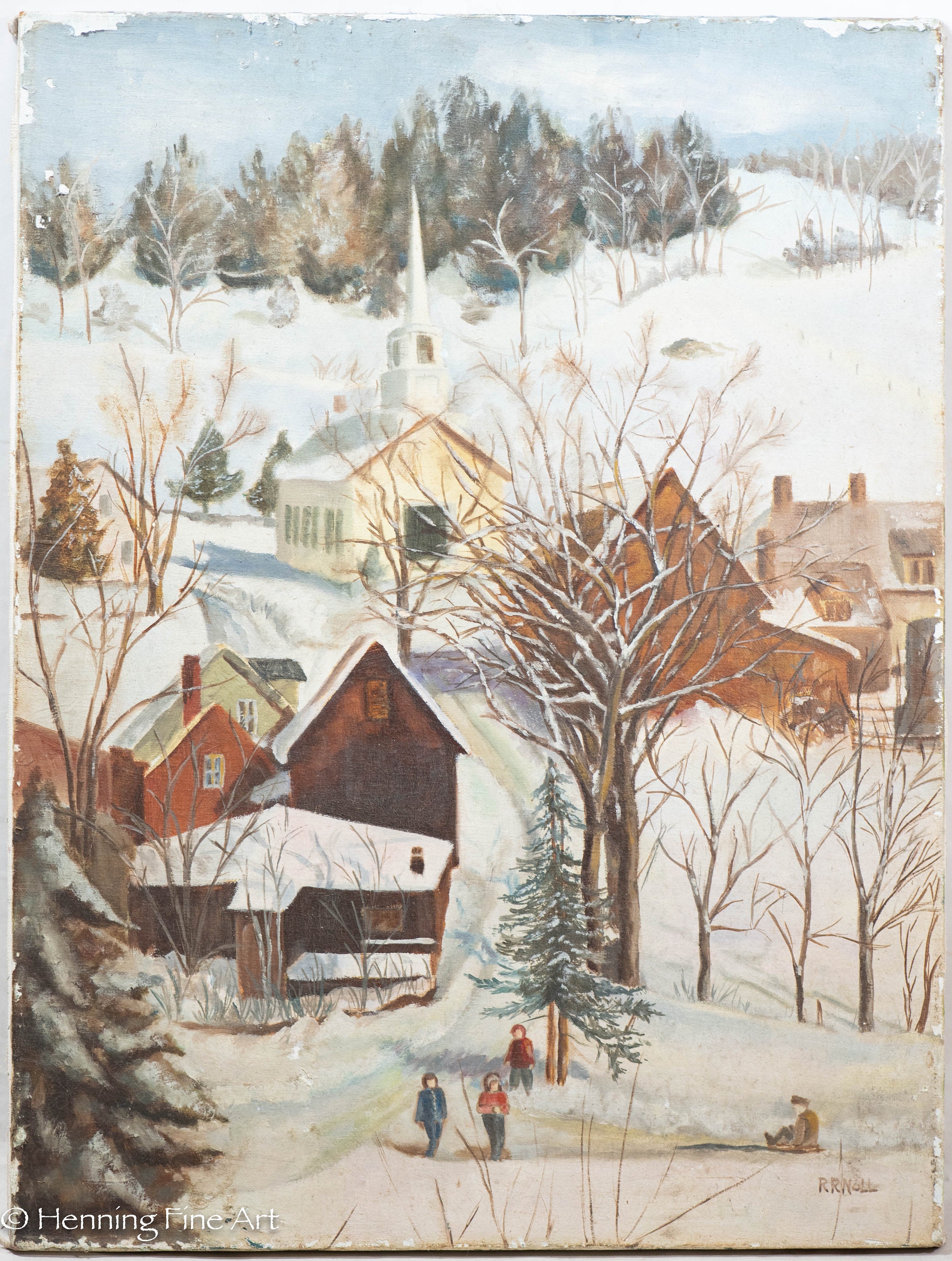 Charming Vintage Oil Painting of American Town Winter Landscape