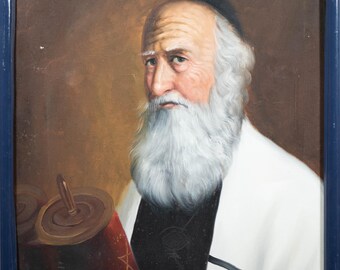 Charming Oil Painting Portrait of a Rabbi Holding a Scroll, Signed & Framed