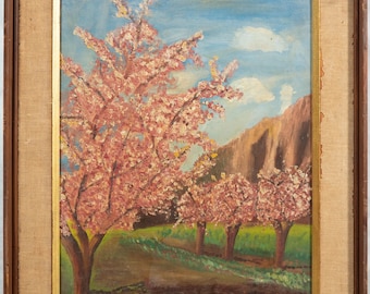 Vintage Folksy Naive Impressionist Landscape w/ Pink Flowering Trees, Signed!