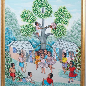 Beautiful Francoise Jean Haitian Oil Painting Children Playing, 24 x 20&quot; Fine!