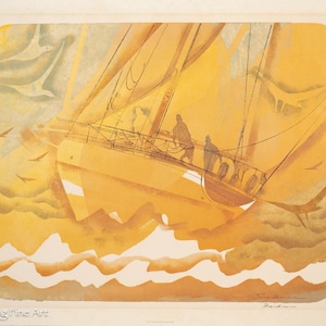 Beautiful Mid Century Lithograph Boat at Sea in Yellow by Shankman