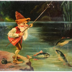 Stunning Antique Oil Painting of Fishing Dwarf after Heinrich Schlitt, Charrming