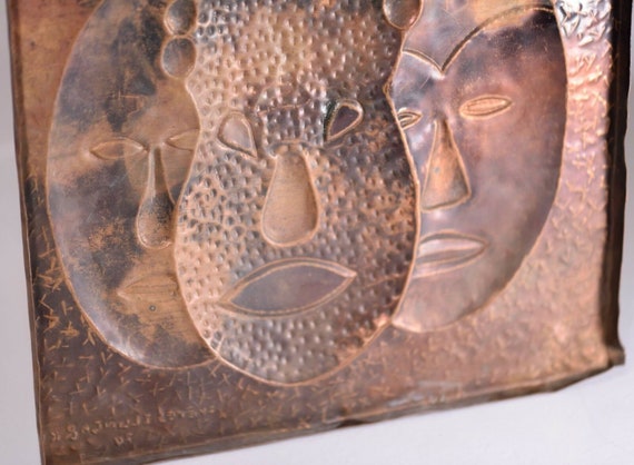 Vintage African Hammered Copper Folk Art Wall Plaque, 3 Masks