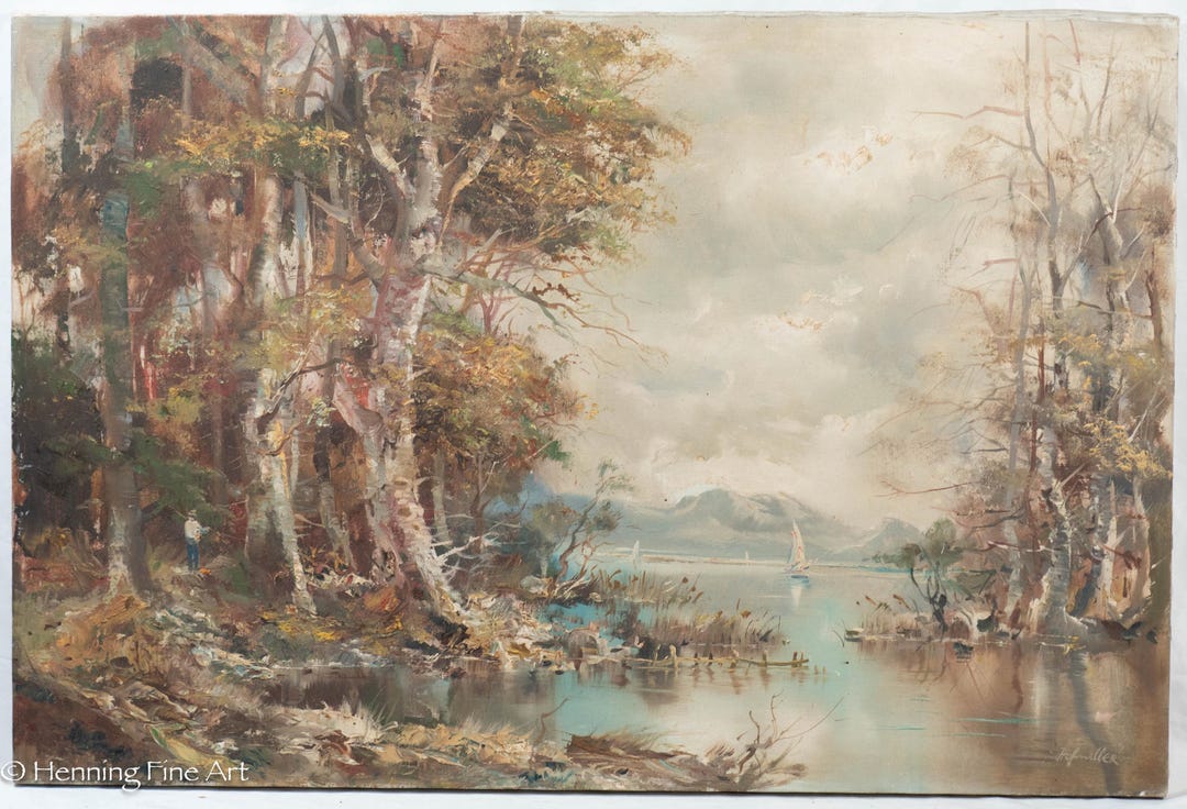 Beautiful Vintage Oil Painting of Wooded River Valley Landscape Signed ...