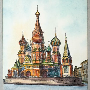 Beautiful Russian Watercolor St Basil&#39;s Cathedral on the Red Square