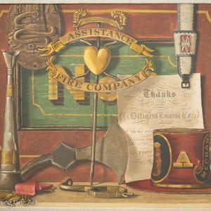 K&ouml;nnte beinhalten: Ein Vintage-Gem&auml;lde, das das Emblem einer Feuerwehr mit einem Herzen, einer Axt, einer Trompete und einem Hut mit dem Text "Danke an die Diligent Engine Co." zeigt.
