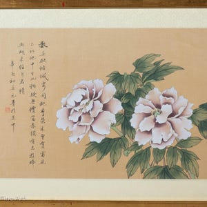 Beautiful Vintage Chinese Silk Painting of Pink Flowers and Text, Framed & FINE