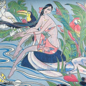 May include: A colorful painting of a woman sitting on a rock in a tropical setting. She is surrounded by lush green foliage, vibrant flowers, and exotic birds. The woman is wearing a red and pink dress and has long black hair. The painting is done in a whimsical style with bold colors and lines.