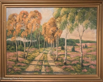 Mid Century Landscape Oil Painting With Trees & Pink Flowers, Signed, Beautiful