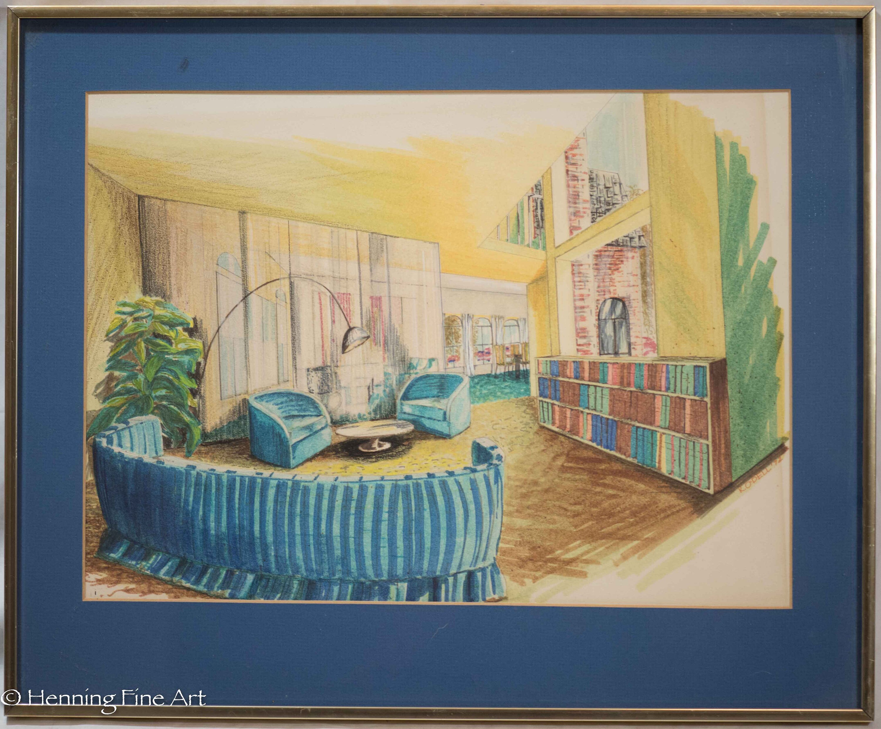 Beautiful Vintage Interior Design Painting Signed "K. O'Dell" Showing Retro Home