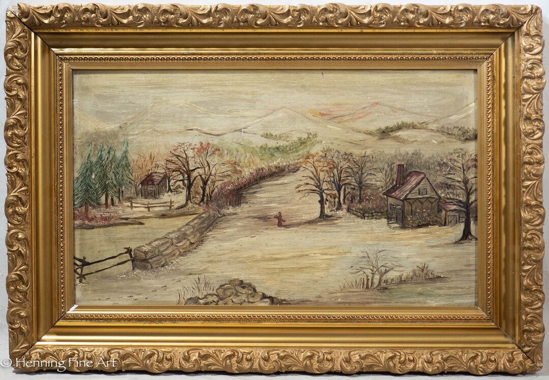 Beautiful Antique American Folk Art Oil Painting Snowy Homestead ...