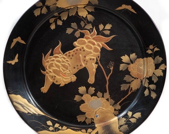 Beautiful Japanese Black Lacquer Charger with Gilt Lion, Flowers and Butterflies