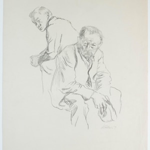 Rare Kathe Kollwitz Lithograph Sketch of Two Men Sitting w/ Hands in Their Laps