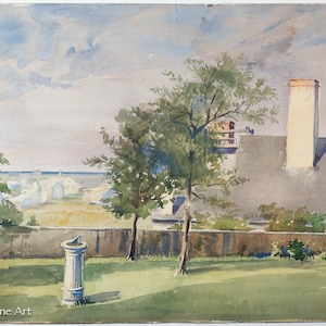May include: A watercolor painting depicting a garden scene with a sundial in the foreground, two trees, and a view of a town in the distance. The sky is a light blue with white clouds. The painting is framed in a white mat.