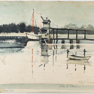 Beautiful Vintage Watercolor Northeastern Docked Fishing Boat, Illegibly Signed