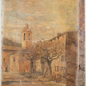 May include: A painting depicting a village scene with a church steeple in the background. The painting is done in warm tones of brown, yellow, and orange, with a hint of blue in the sky. The buildings are rendered in a simplified style, with visible brushstrokes. The painting has a vintage feel and is likely from the early 20th century.