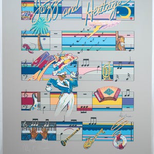 May include: A New Orleans Jazz and Heritage Festival 1984 poster featuring musical staff lines, a person holding a colorful parasol, a trumpet, an accordion, a saxophone, a clarinet, and piano keys against a light gray background.