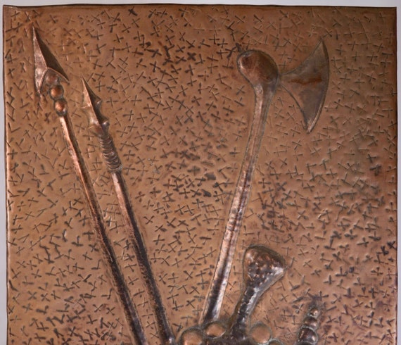 Vintage African Hammered Copper Folk Art Wall Plaque, 3 Masks