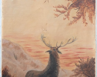 Antique Folk Art Oil Painting of Stag in Mountain Landscape at Sunset, Damaged