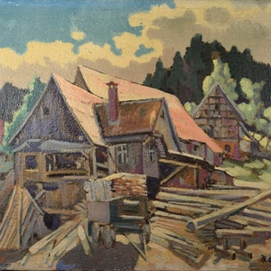 Beautiful Antique Oil Painting, German Logging House, Signed & Dated 1939, NICE!