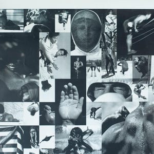 May include: A monochrome collage of diverse images, including athletes, a fencing mask, and a hand. The artwork presents a series of action shots and portraits, creating a dynamic visual narrative. The images are arranged in a grid-like pattern.