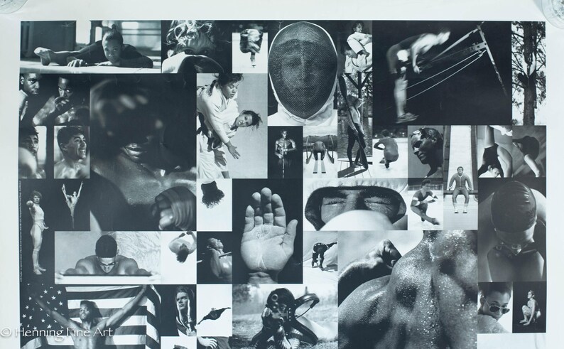 May include: A monochrome collage of diverse images, including athletes, a fencing mask, and a hand. The artwork presents a series of action shots and portraits, creating a dynamic visual narrative. The images are arranged in a grid-like pattern.